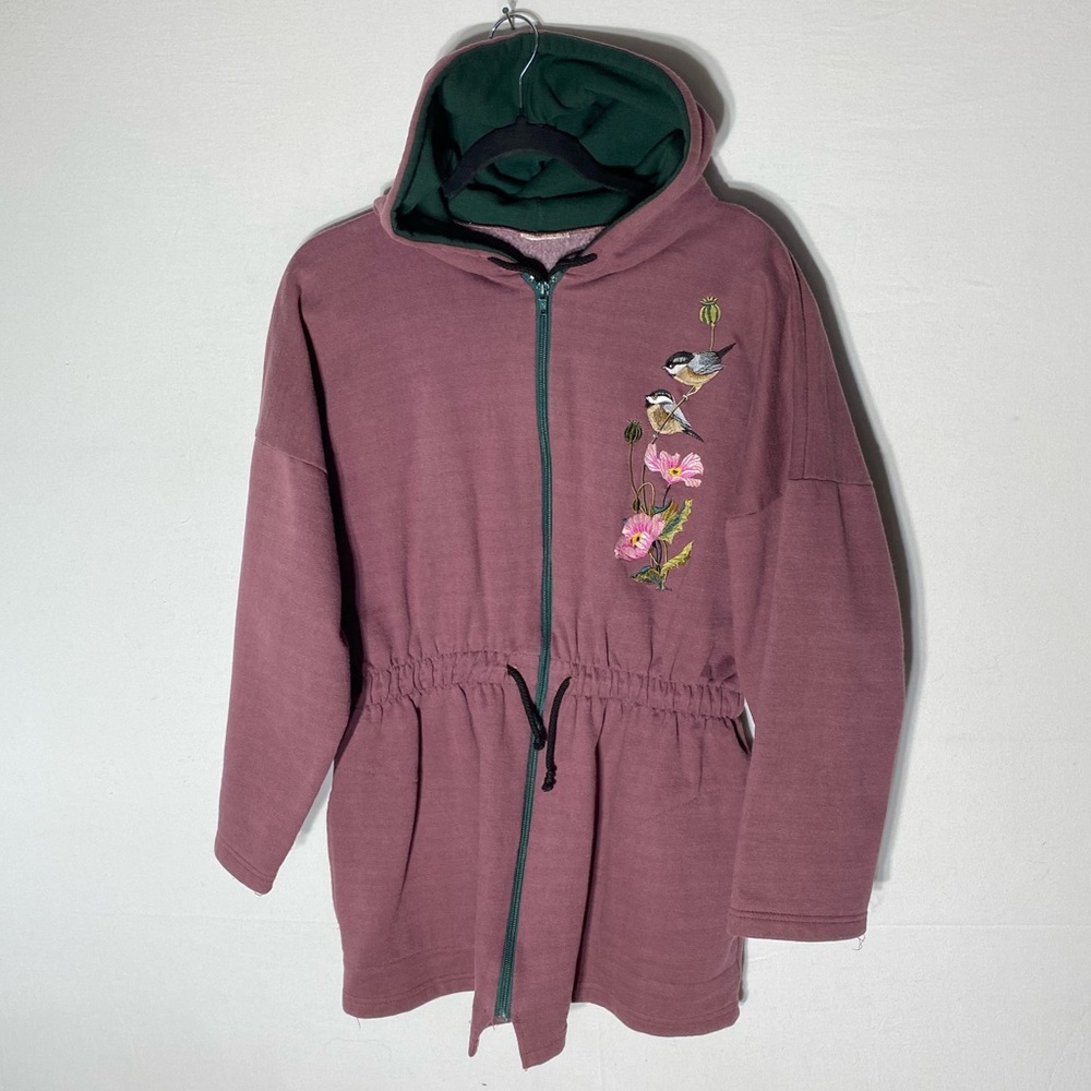 Vintage 90’s Light Burgundy Embroidered Long Zip Hoodie W Drawstring Waist M